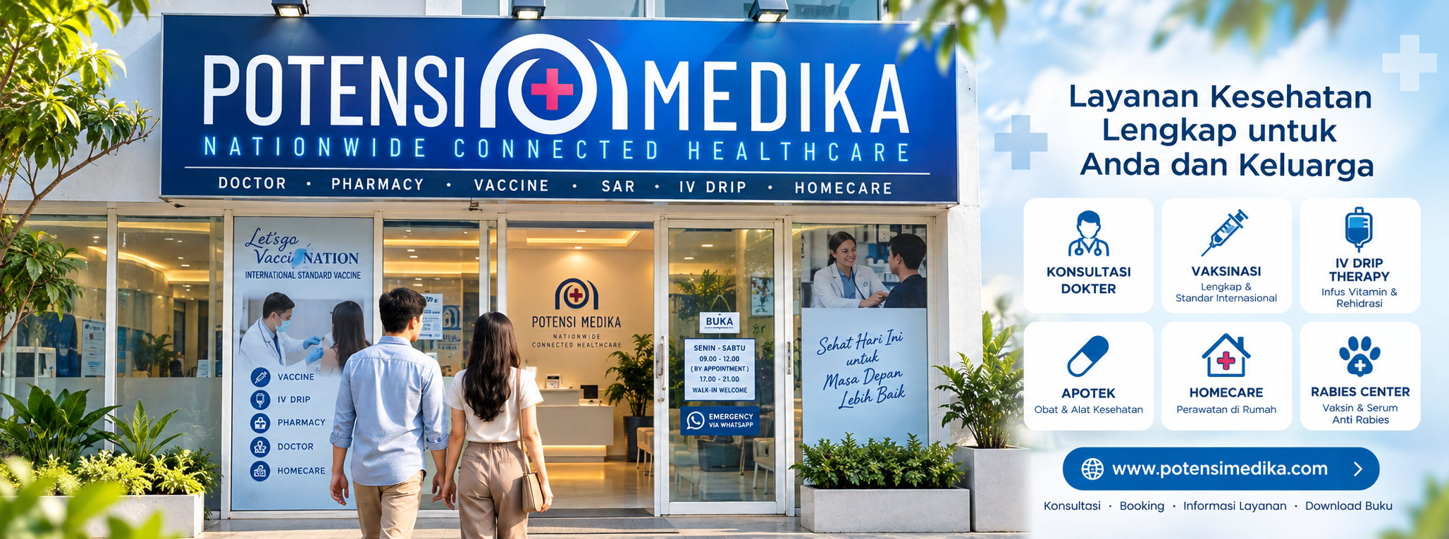 Potensi Medika: layanan kesehatan lengkap untuk Anda dan keluarga, meliputi konsultasi dokter, vaksinasi, IV drip therapy, apotek, homecare, dan Rabies Center.
